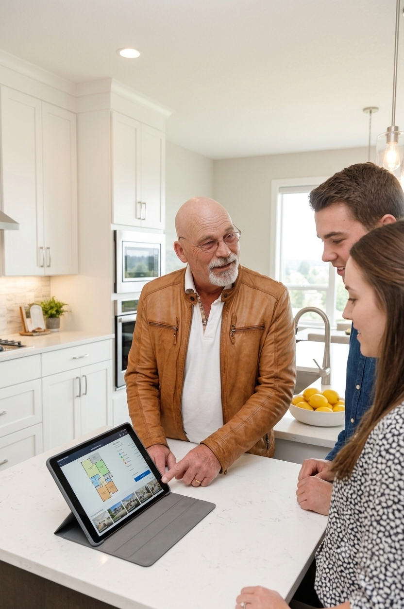 Jerry Johnson reviewing a floor plan with clients